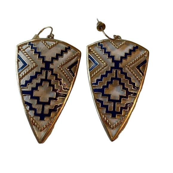 None Jewelry - Gold and Navy enamel Art‎ Deco shield earrings